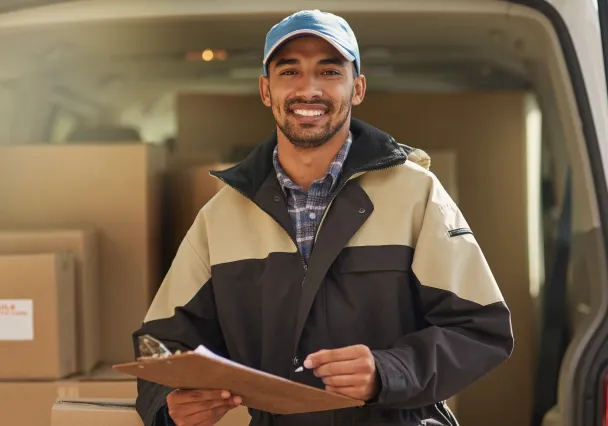 Chauffeur-livreur souriant, bon de livraison en main, devant son utilitaire chargé