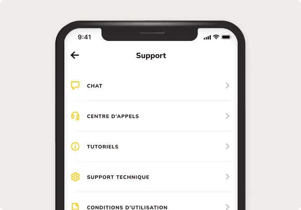 Het menu Support in de app: chat, callcenter en tutorials