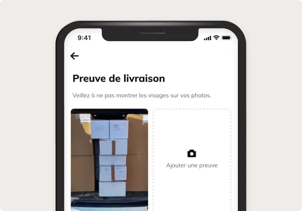 Het scherm Leveringsbewijs in de app, met de foto van een geleverde pallet